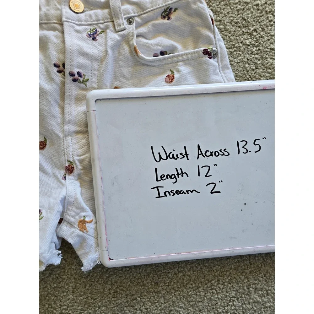 Reformation Charlie Fruitloops High Rise White Denim Fruit Embroidered Shorts 24